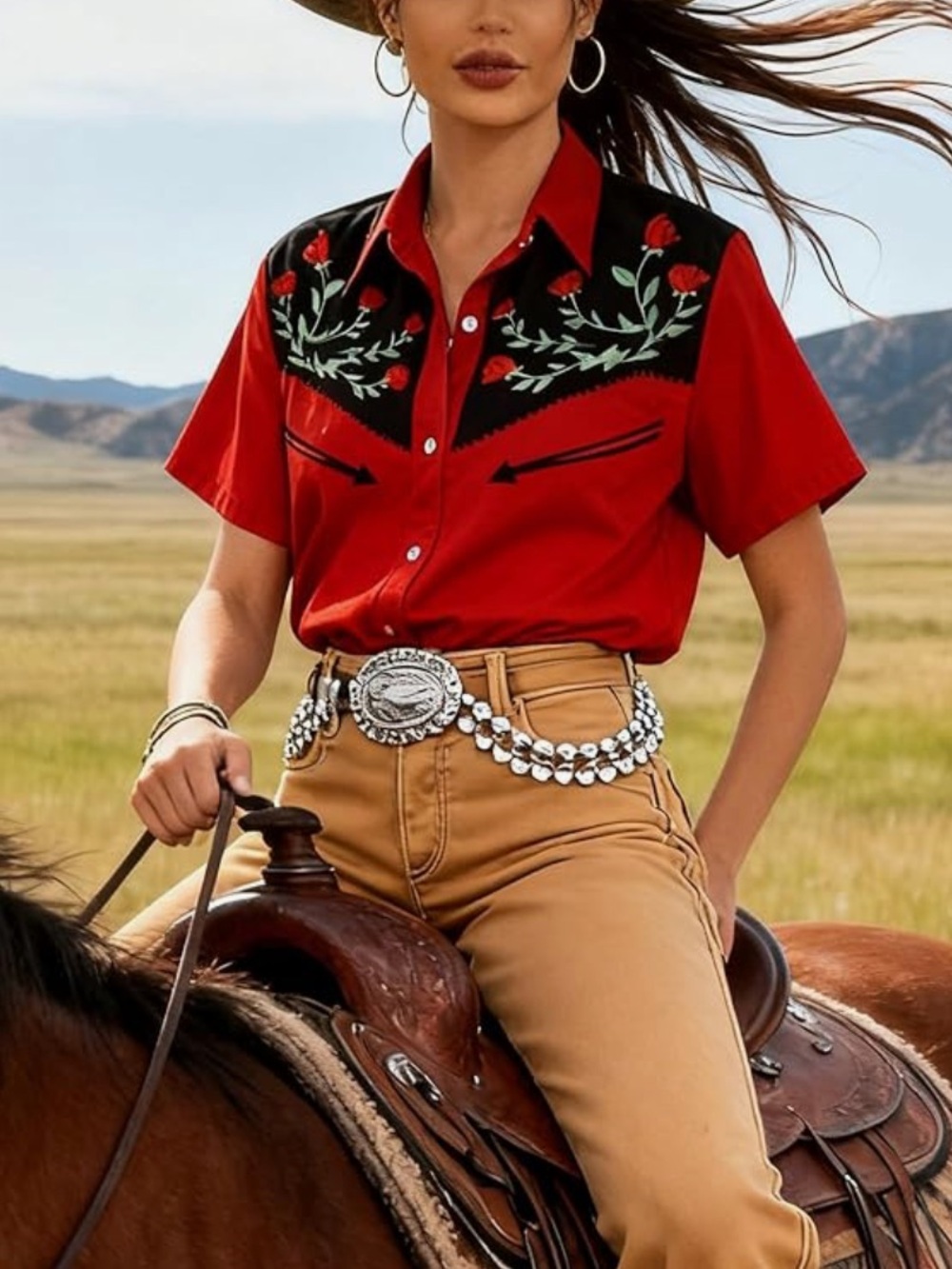 Chic Nation Red and Black Floral Embroidered Button-Down Shirt